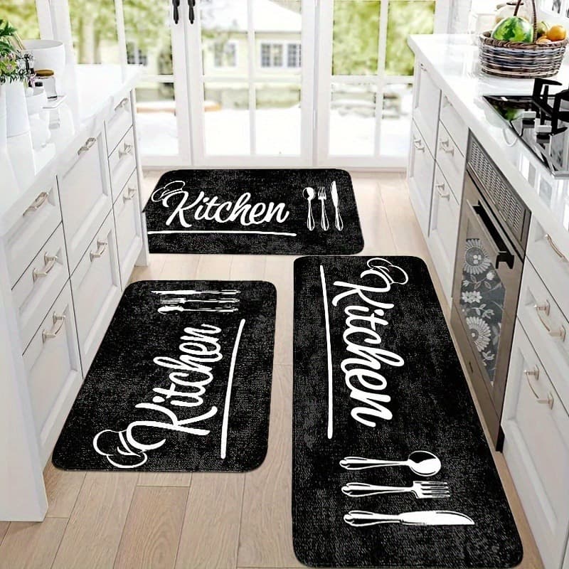 TEMU 2/3pcs, Modern Black Kitchen Rug Set, Kitchen Carpet, Made Of Flannel Material - Soft And Comfortable, Suitable For Bedroom, Living Room, Dining Room, Kitchen, Bathroom, And Entrance Mats