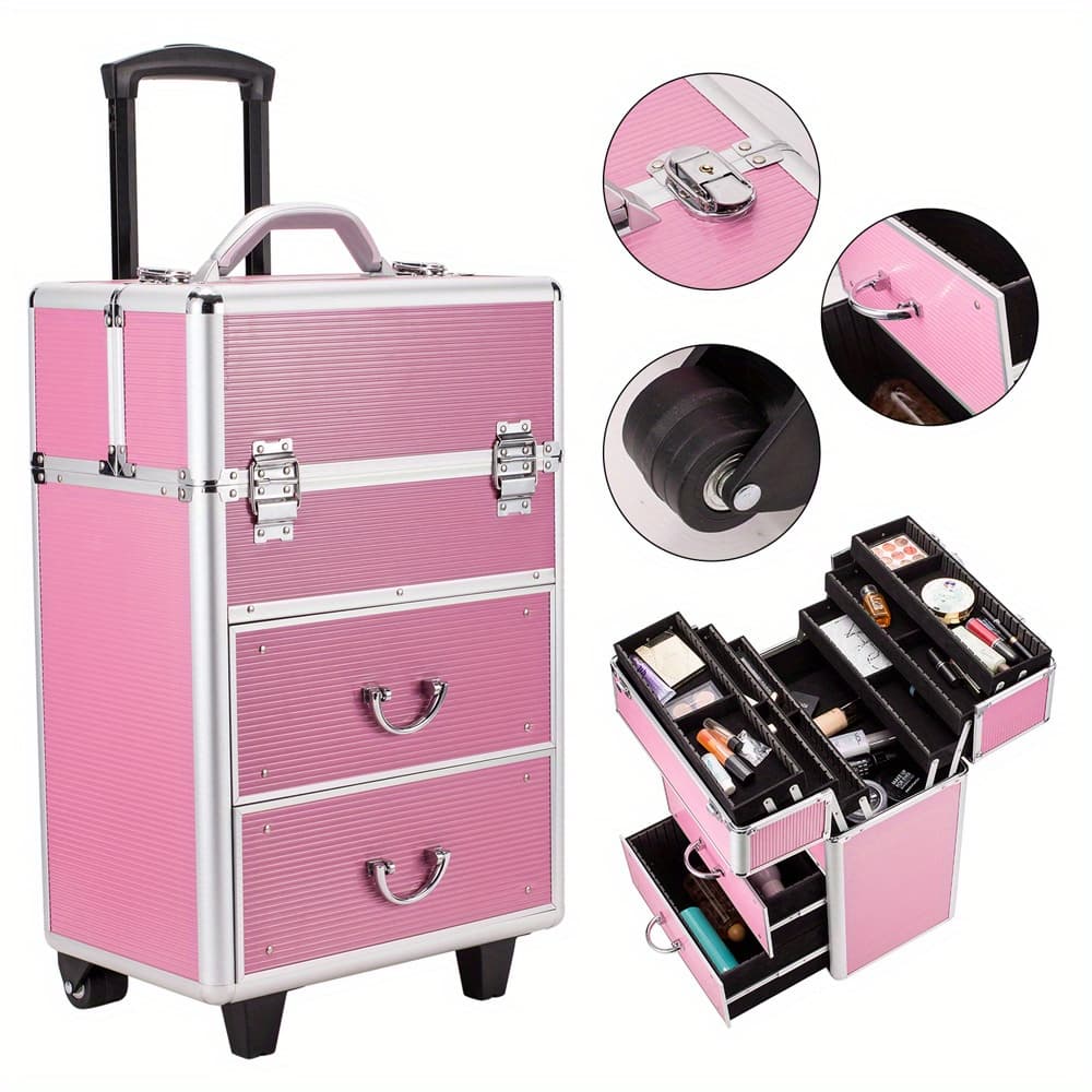 TEMU Professional Rolling Makeup Train Case With 4 Detachable Wheels, 3 Spacious Drawers & Top Compartment - Durable Pink Cosmetic Organizer Trolley For Travel, & Daily Use