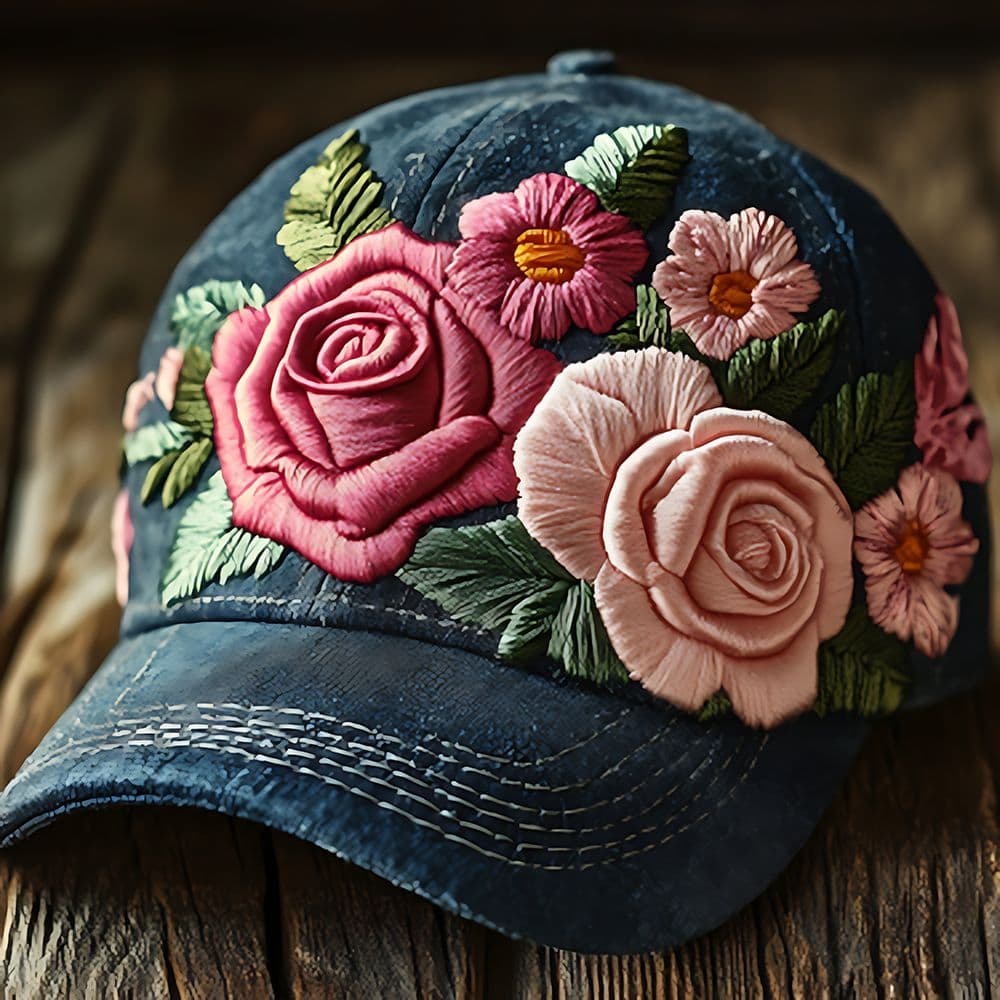 TEMU Blue Denim Baseball With Intricate Floral Embroidery - Large & Light With Orange , Green Leaves, White Stitching - Rustic Wooden Surface Background, Handcrafted Style