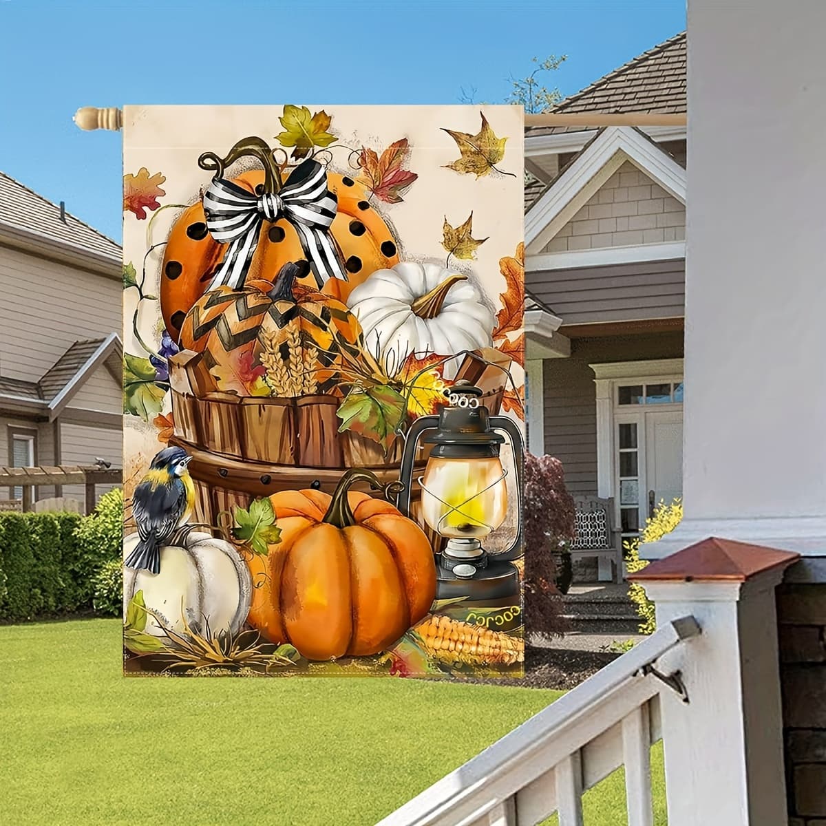 TEMU 1pc, Vibrant Double-sided Garden Flag- 28x 40inch Vertical Outdoor Lawn Decoration With Maple Leaf And Pumpkin Design- Durable And Weather-resistant Cloth For Farm Yard And Patio