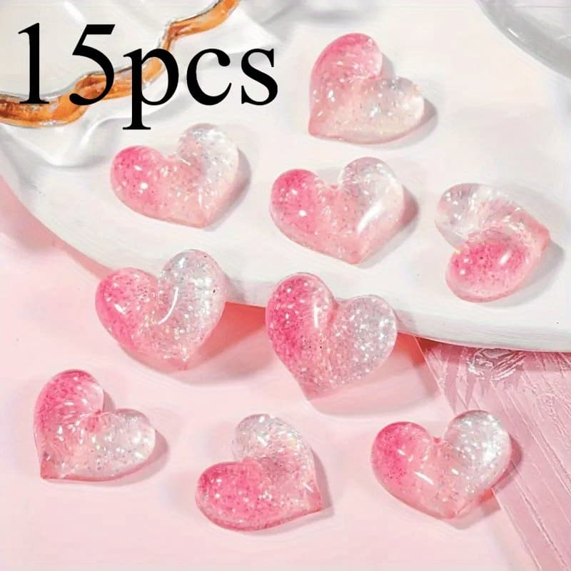 TEMU 15pcs 0.63in*0.79in Gradient Heart-shaped Resin Jewelry Making Supplies, Used For Of Hair Clips And Scrapbooks