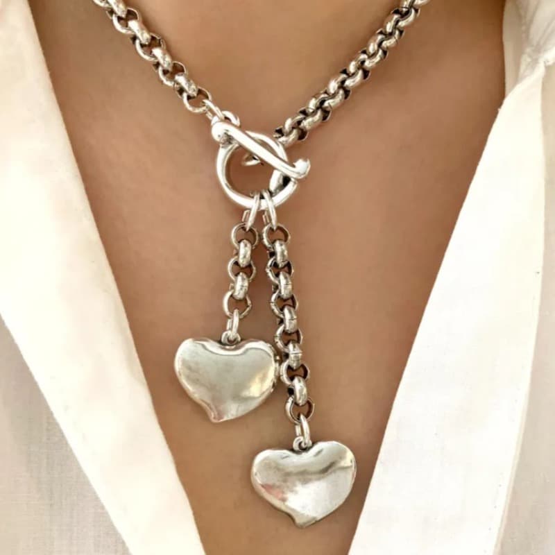 TEMU 1pc Fashion Punk Style Chunky Chain Love Pendant Ring Clasp Antique Silvery Necklace For Men And Women 55cm Unisex Style Suitable For Party Dating