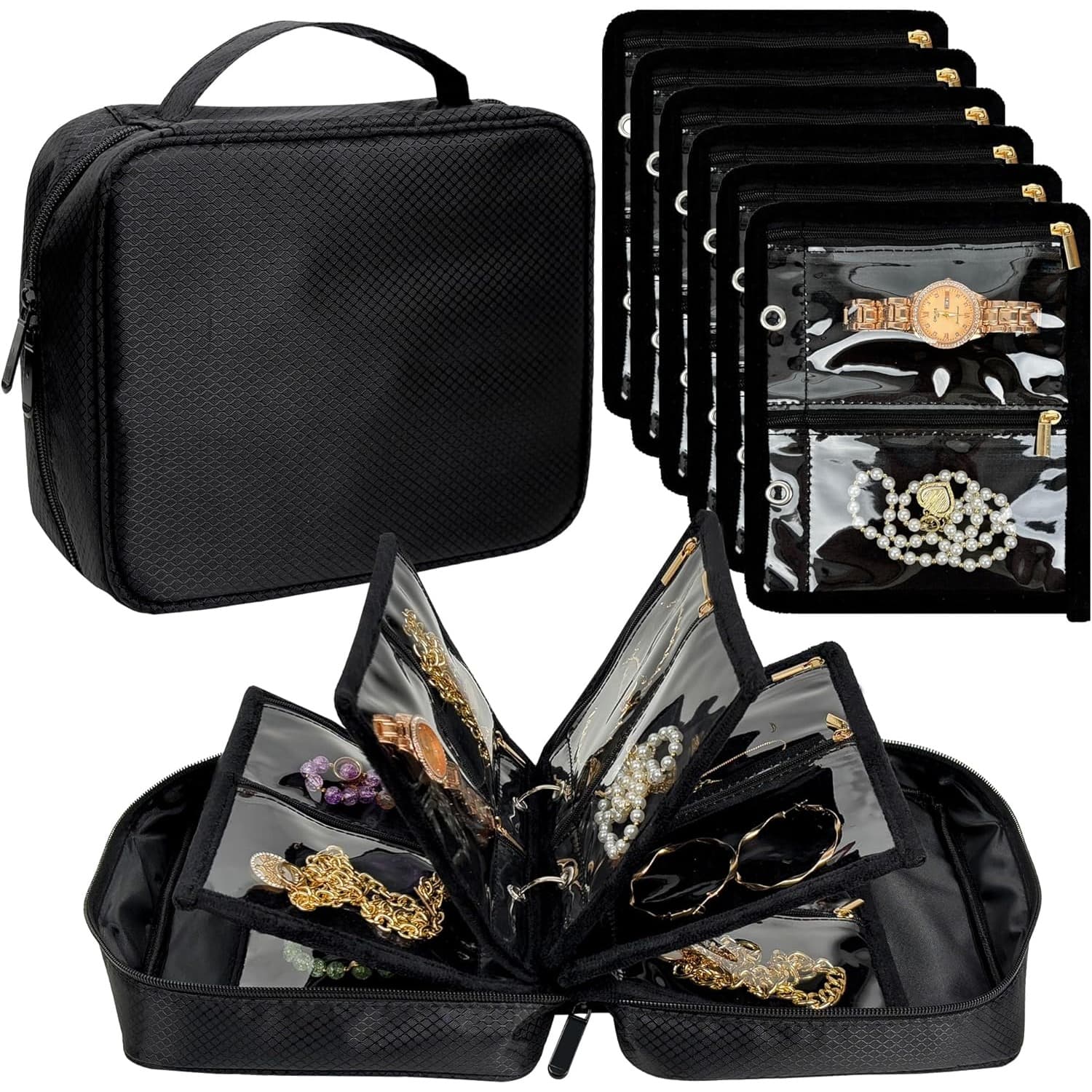 TEMU Travel Jewelry Organizer Case, Jewelry Bags For Traveling, Jewelry Binder With 24pcs Clear Zipper Velvet Pouches For Storing Earrings, Rings, Necklace, Bracelet, Watch (black)