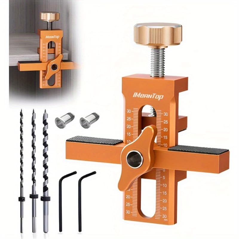 TEMU 2-in-1 Cabinet Door Mounting Jig & Rebound Device Tool With 3 Drill Bits, Aluminium Alloy Cabinet Door Installation Positioner Jig For Quick And Accurate Setup Most Frameless Cabinets