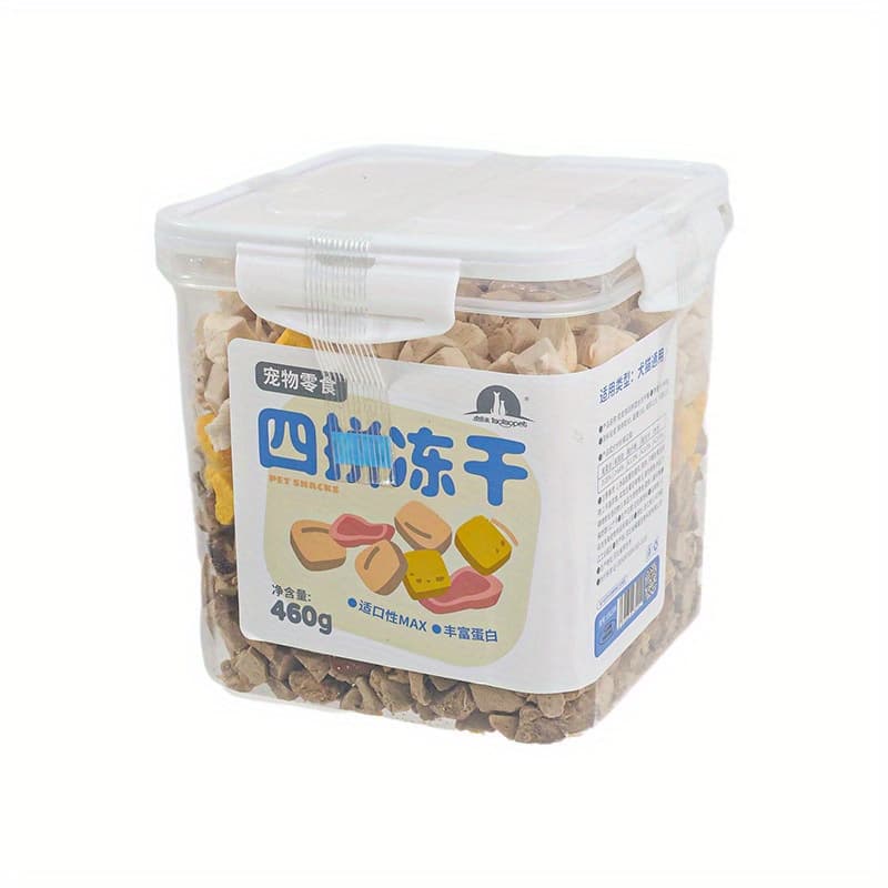TEMU 1pc 460g Cat Freeze-dried Treat Mix - 4 Flavor Varieties (beef, Chicken, Fish, Fruit) In Transparent Storage Container For Easy And Freshness
