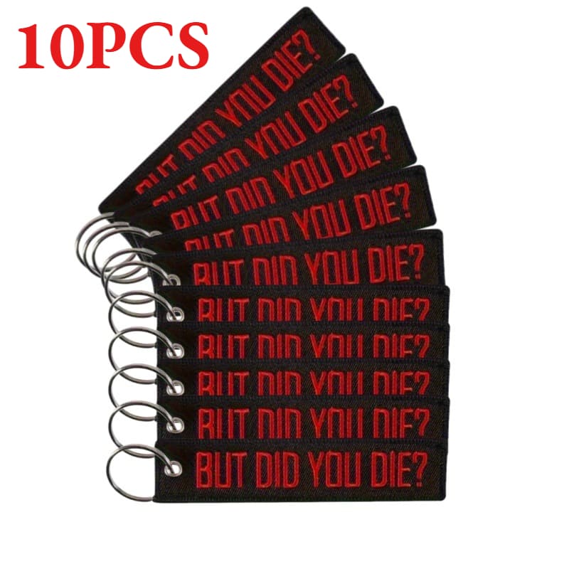 TEMU 10pcs Funny "but Did You Die?" Keychains - Double-sided Embroidered Split Ring Pendants With Red Lettering, Durable Iron Alloy &, Perfect For Clothing