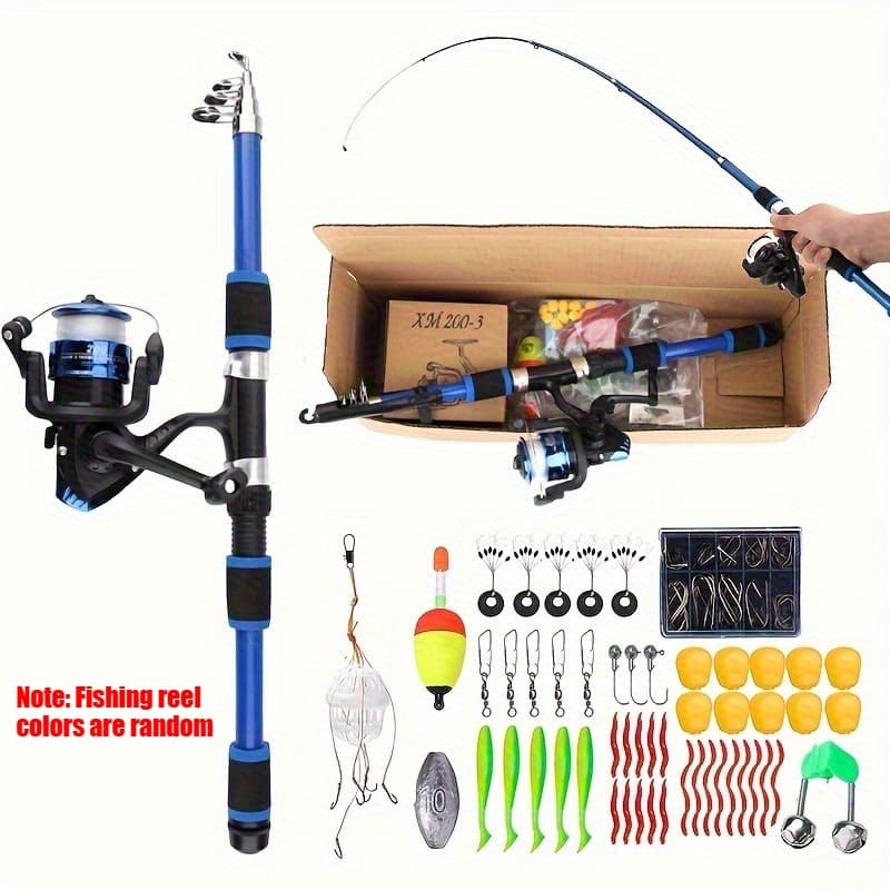 TEMU Complete Fishing Tackle Set: Rod, Reel With Line, Soft Bait Hooks - Perfect For Fresh And Saltwater