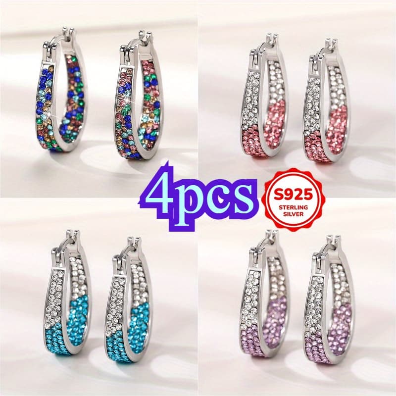 TEMU 4pcs Trendy Earrings Feature Colored Designs With Copper-set Zirconia In 925 Sterling Silver. Are Stylish, Ideal For Occasions, And Sparkle Beautifully