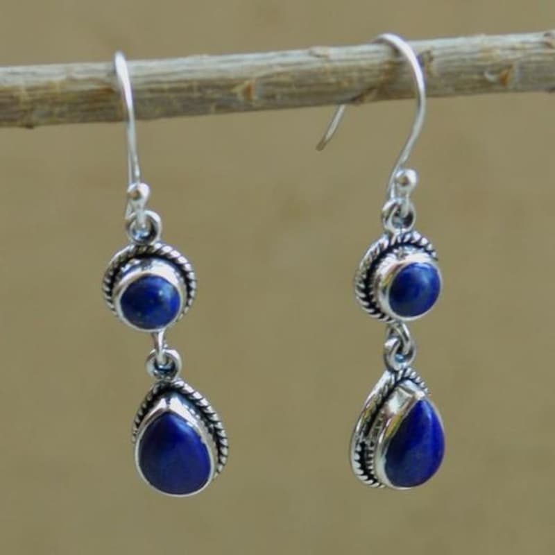 TEMU Set Of 2 Silver Coated Lapis Teardrop Earrings, Bohemian Vintage Handmade Jewelry For Festivals, Holidays, And Dates, Present For Her