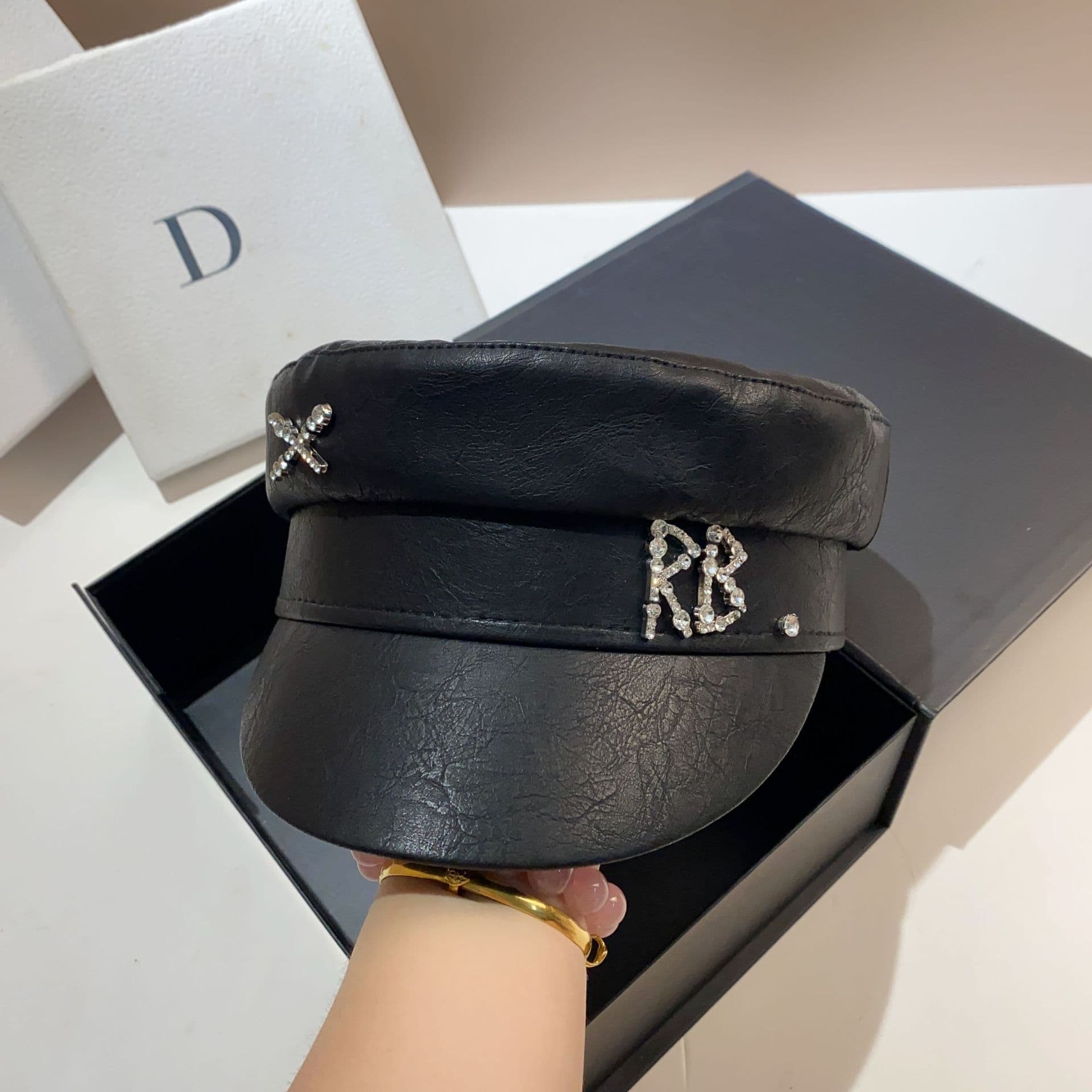 TEMU 2d Flat - Rb Faux Leather Navy Hat European Station Fashionable And Versatile Black Newsboy Hat New Fashionable Flat Top Duckbill Hat