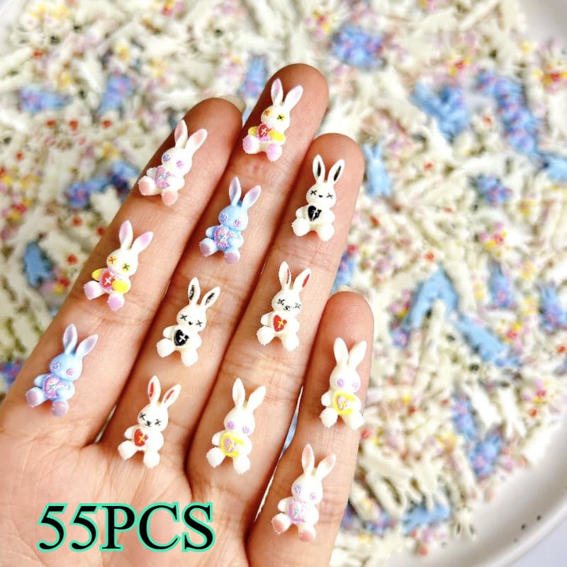 TEMU 55pcs Cute Long-eared Bunny Cartoon Resin Decorations - Sweet Accessories For Diy Nail Art, Earrings, Hair Clips, And Easter Crafts. Handmade Gift Decorations Resin Set