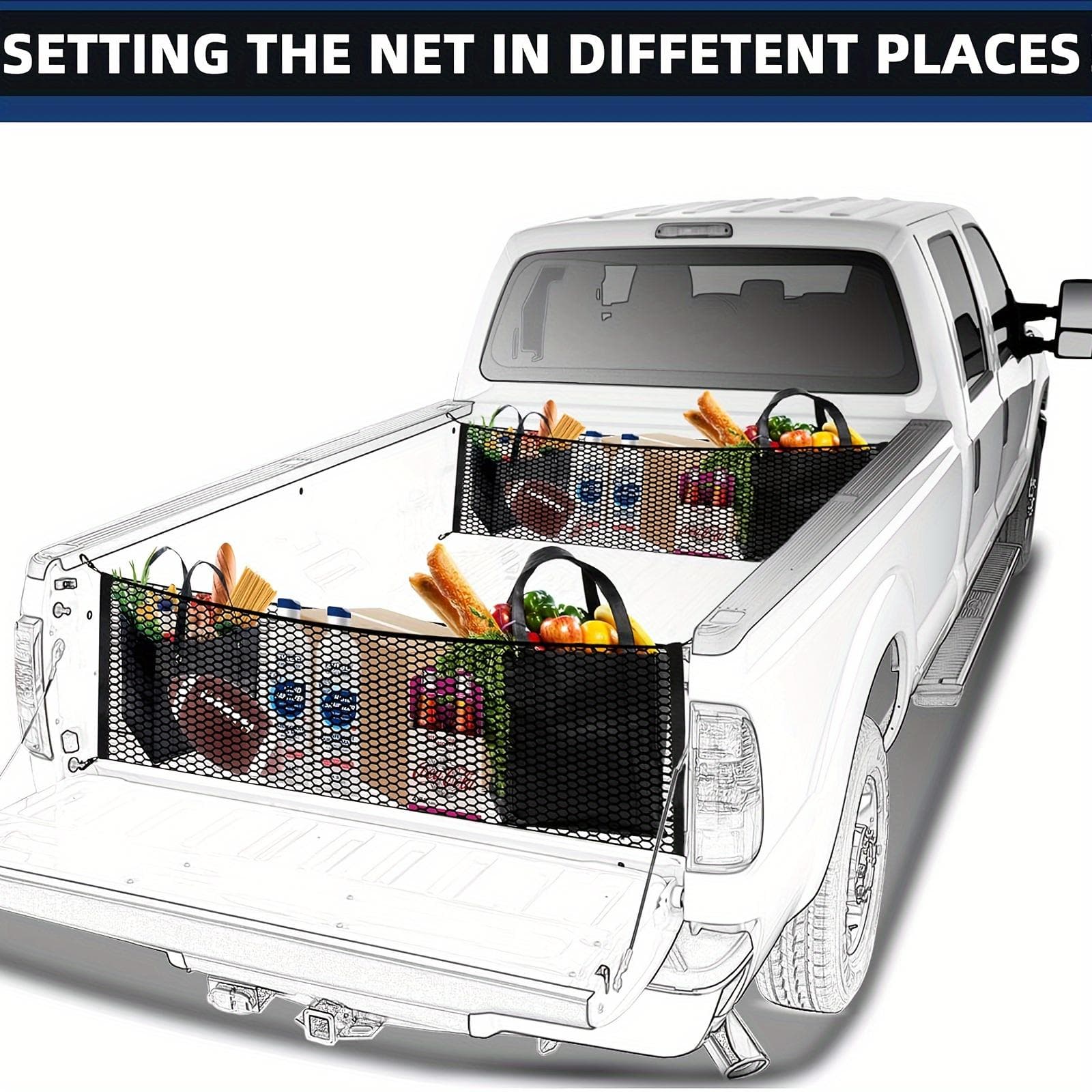 TEMU Elastic Mesh Net For Securing Cargo In A Truck Bed, Complete With Hooks For Easy Attachment, Designed For Items In Pickup Trucks