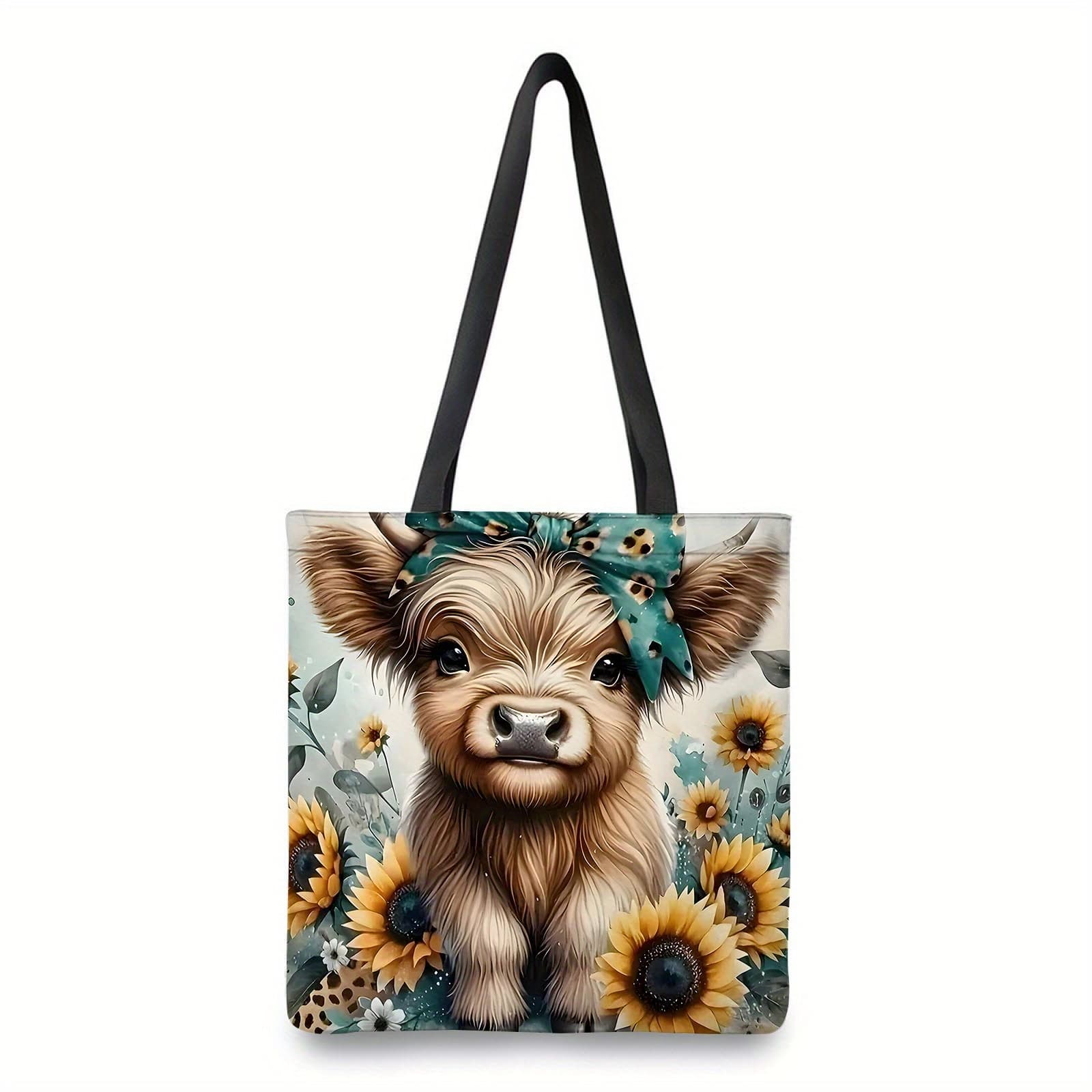 TEMU 1pc Highland Cow And Sunflower Print Body Bag For Women, For Casual , Durable And Spacious For Shopping, Ideal For Daily , For Women's Handbags