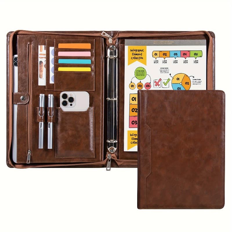 TEMU Leather Zippered Padfolio Binder - 3-ring Business Portfolio Organizer With Options (suitable For Professional, School, Travel) | Gift For Back To School, Office And Daily Use For Students