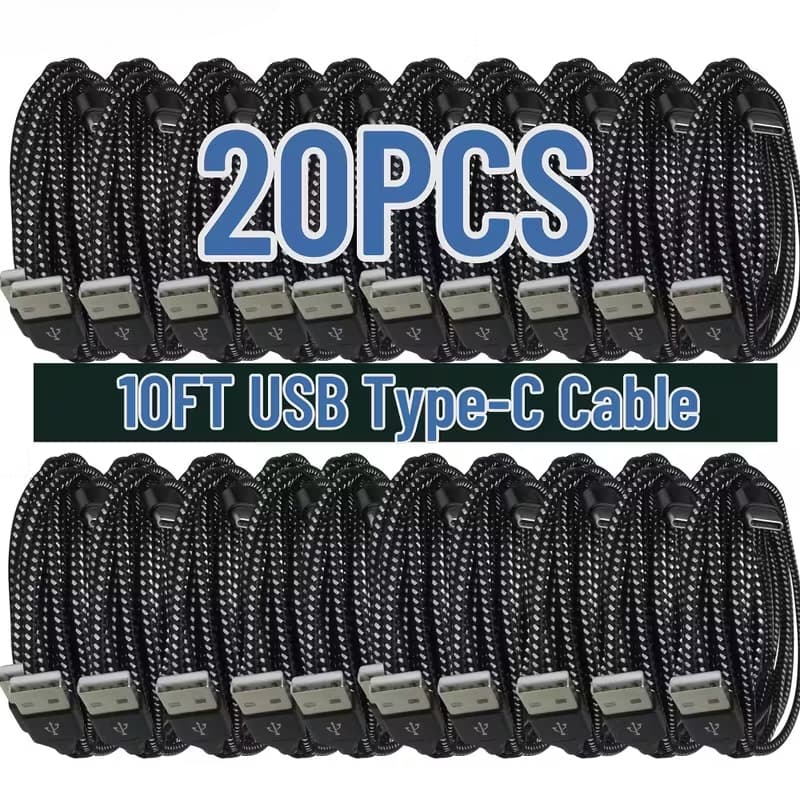TEMU Set Of 20pcs Of 10-foot Braided Usb Type-c Fast Charging And Data Sync Cables
