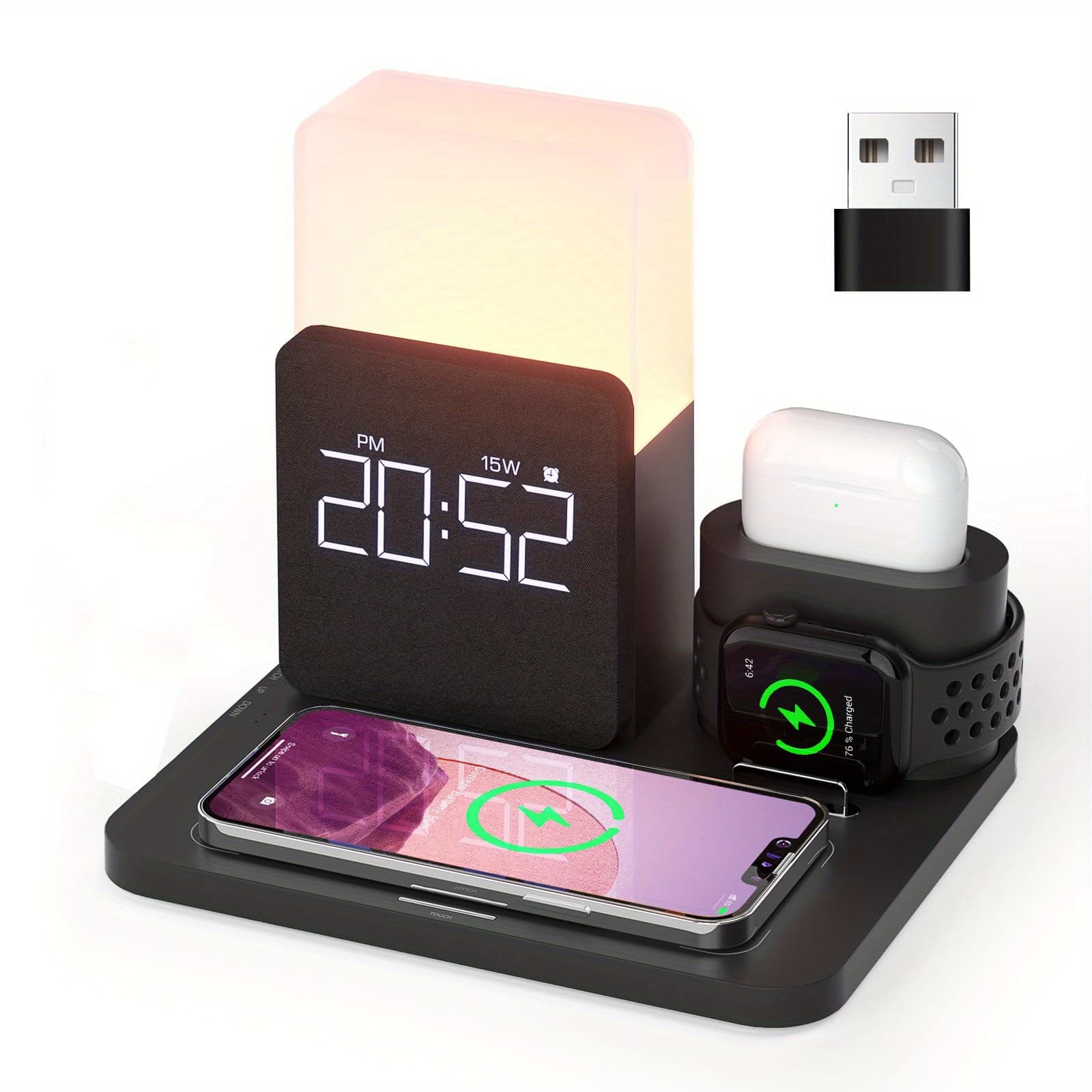 TEMU 15w Fast Wireless Charging Station For Iphone 16/ 15/ 14/ 13/ 12 Pro/ Max, Watch, Airpods, - With Night Light, Charging Cable | Home Office Charger Stand For Multiple Devices