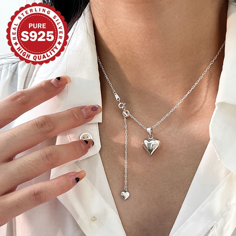 TEMU [1pc Heart Wave Pendant Necklace] 1pc Elegant Luxury S925 Sterling Silver Adjustable Heart Wave Pendant Necklace, Hypoallergenic 3.2g, Versatile For & Gifting, Ideal Valentine's Day Present