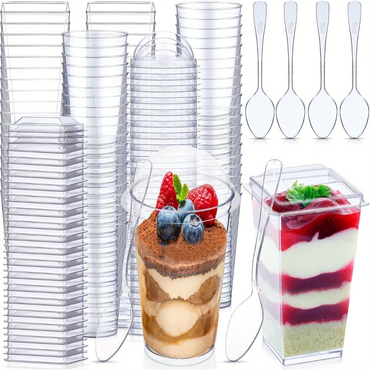 TEMU 100pcs Pack Mini Clear Plastic Dessert Cups With Spoons & Lids - Disposable Square Parfait Containers Suitable For Party, Wedding, - Shooter Cups For Pudding, Cake, Ice, Layered Desserts