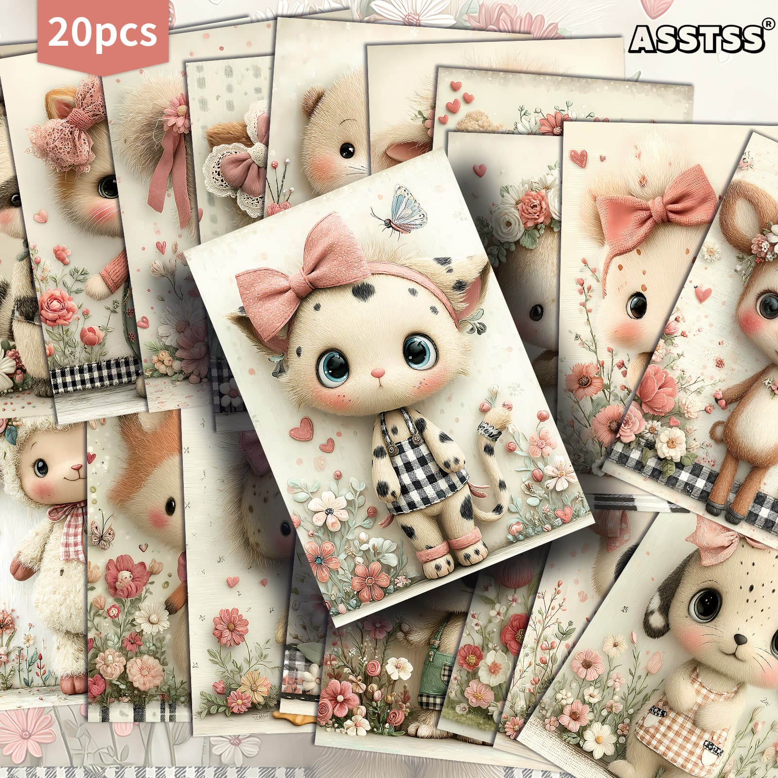 TEMU 20-pack Asstss Retro Cute Animal Pinup Cards - Vintage Paper Suitable For Crafting, Junk Journals & Collectible Gift Cards With Illustrations (cats, Dogs, Rabbits)