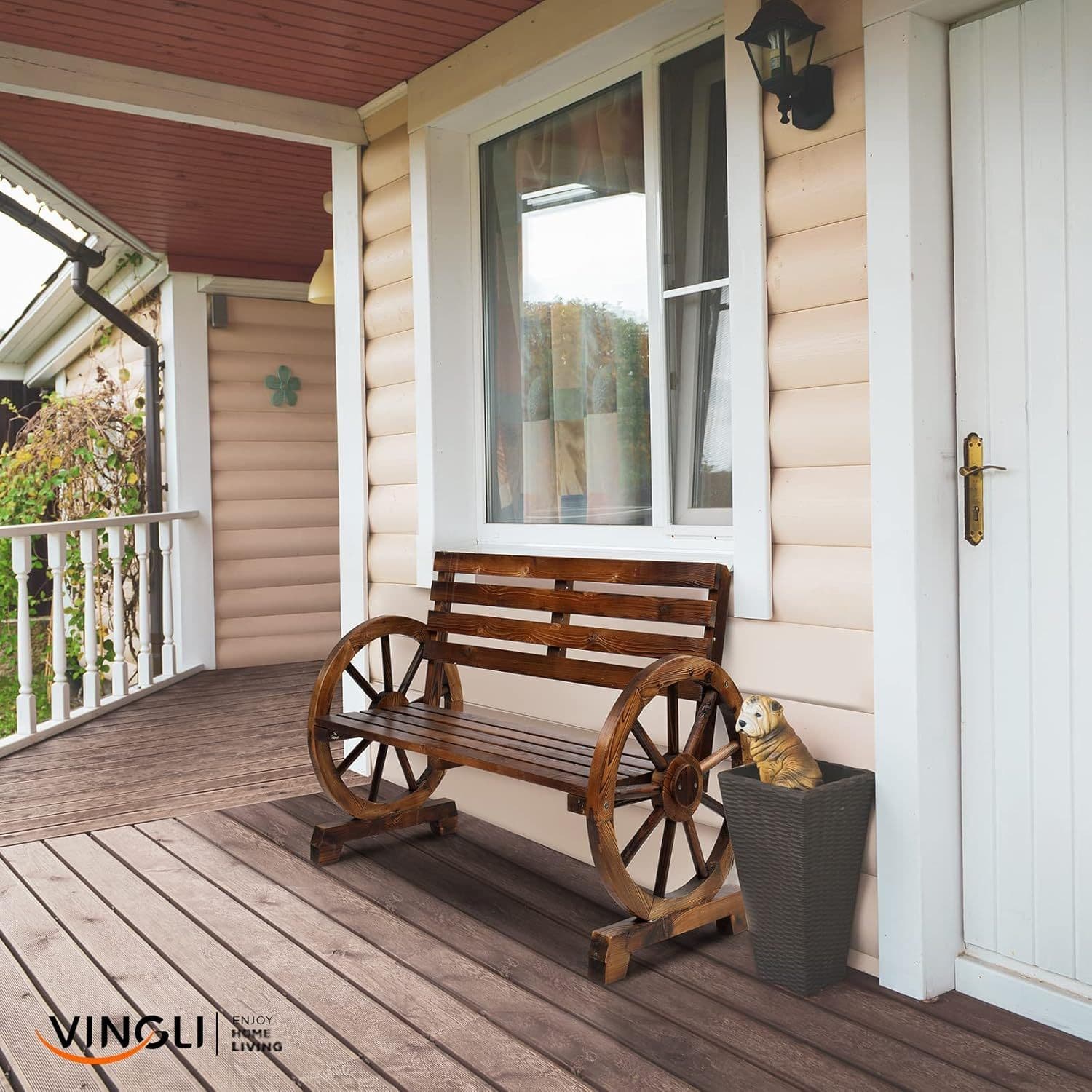 TEMU 41" Rustic Wooden Wheel Bench Outdoor Bench, 2-person Patio Bench Wagon Slatted Seat, Garden Benches For Outdoors 350lbs High Capacity,