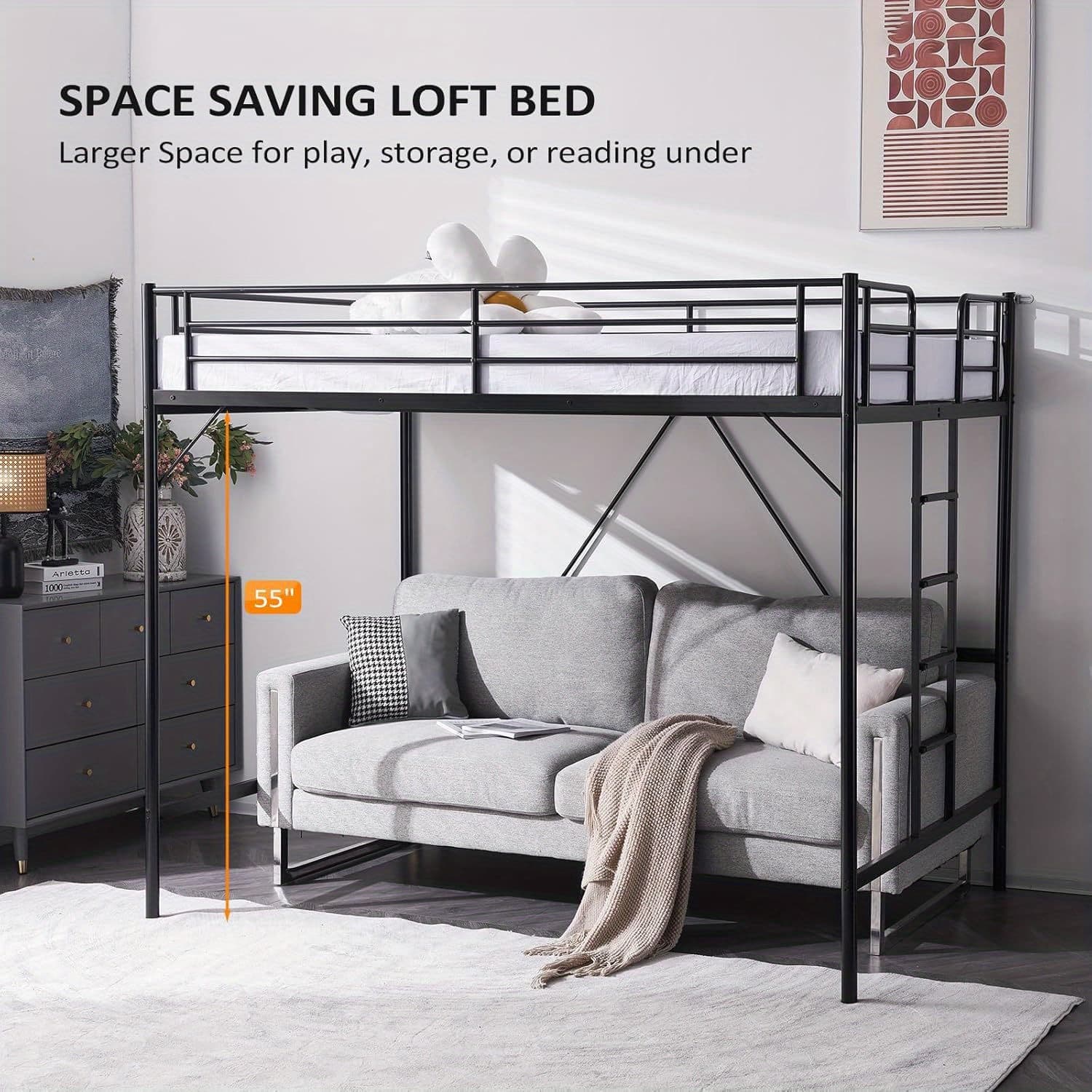 TEMU Full Size Heavy-duty Adjustable Retro Metal Loft Bed With Ladder - Space-saving Bunk Bed Frame Suitable For Adults, Spring Required, Suitable For Dorms, Bedrooms, Apartments, (no Wood)