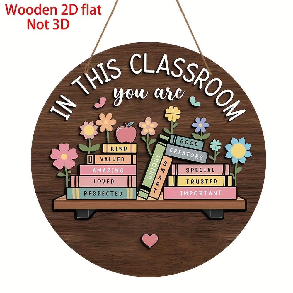 TEMU 2d Flat 18x 18cm Round Wooden Classroom Hanging Sign Inspirational Wall Decor With Books And Flowers, 2d Flat Design, Made Of Wooden Porch, For Teacher Decoration, Classroom Decoration