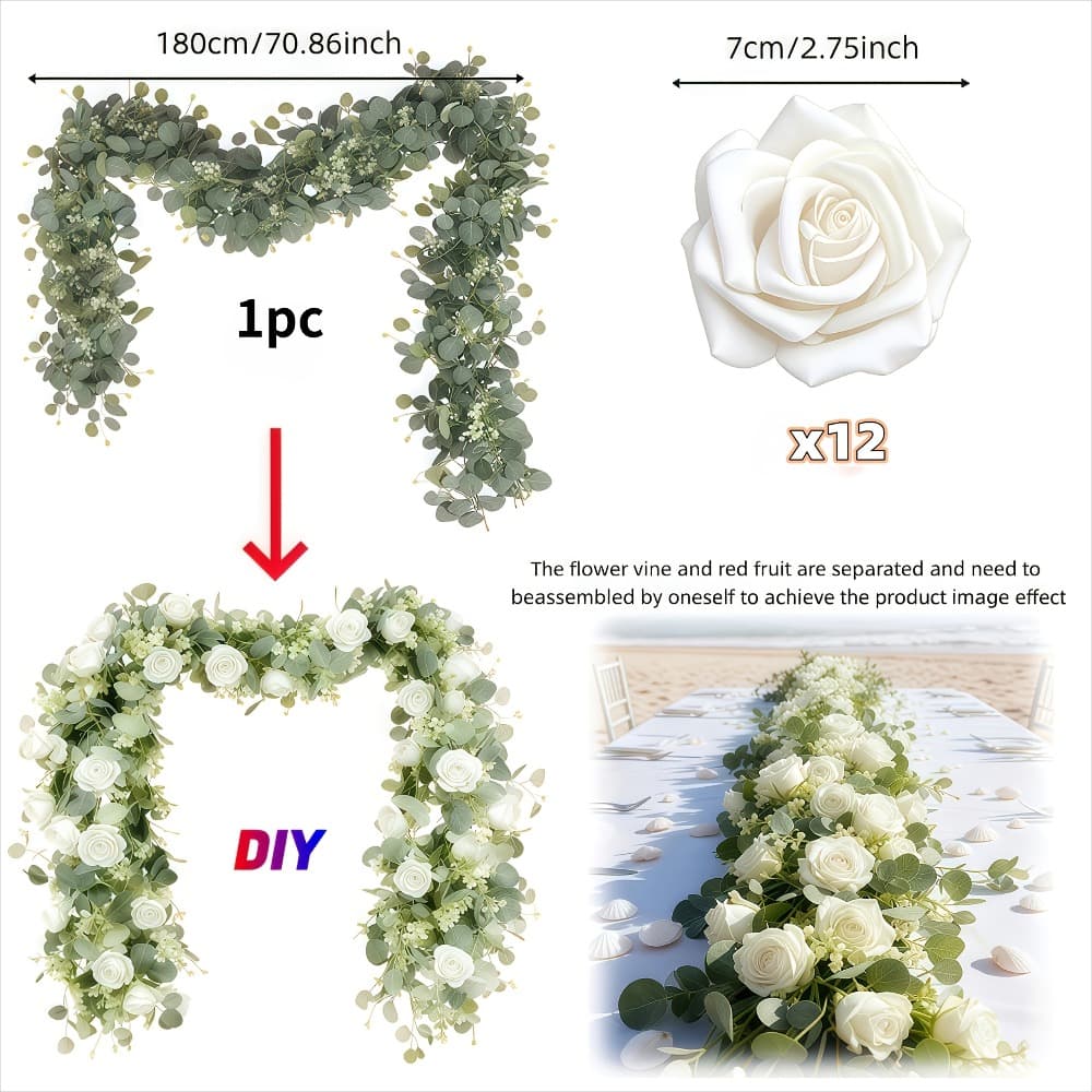 TEMU 13pcs White Rose Eucalyptus Simulation , A Garland Foam Roses, Outdoor Courtyard Wedding Room Decoration, Party And Home Decoration Valentine's Day Gift Engagement Hanging Garland, , Decorator