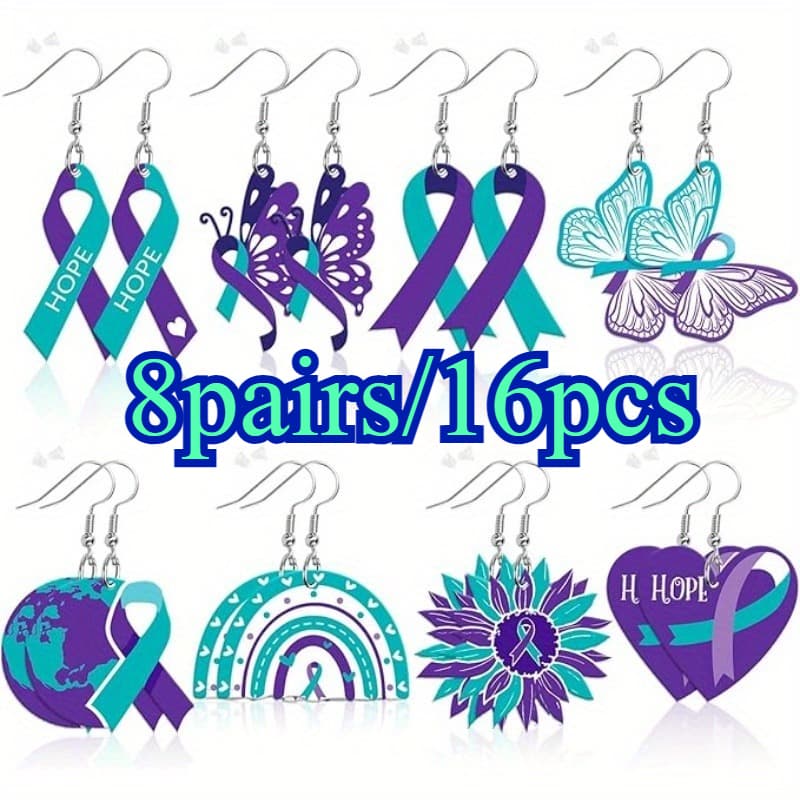 TEMU 8pairs/ 16pcs Prevention Awareness Earrings Set, Acrylic Earrings, Mental Support Jewelry, Depression Awareness Earrings, Fundraising Event Jewelry, For Teenager