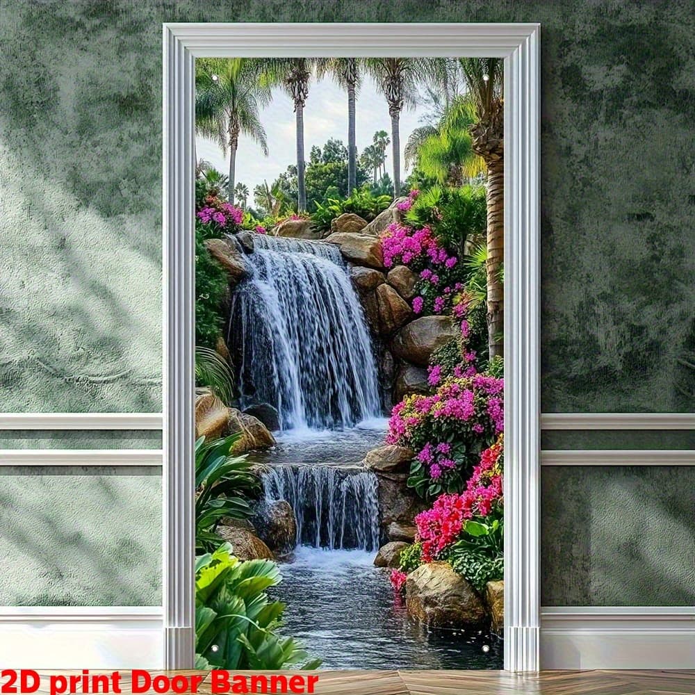 TEMU 2d Flat, 1pc Tree & Waterfall Door Curtain Banner - Realistic 2d Jungle Party Decorations With Palms & Foliage, Hanging Decor For Indoor/outdoor Weddings, Birthdays, - No Power
