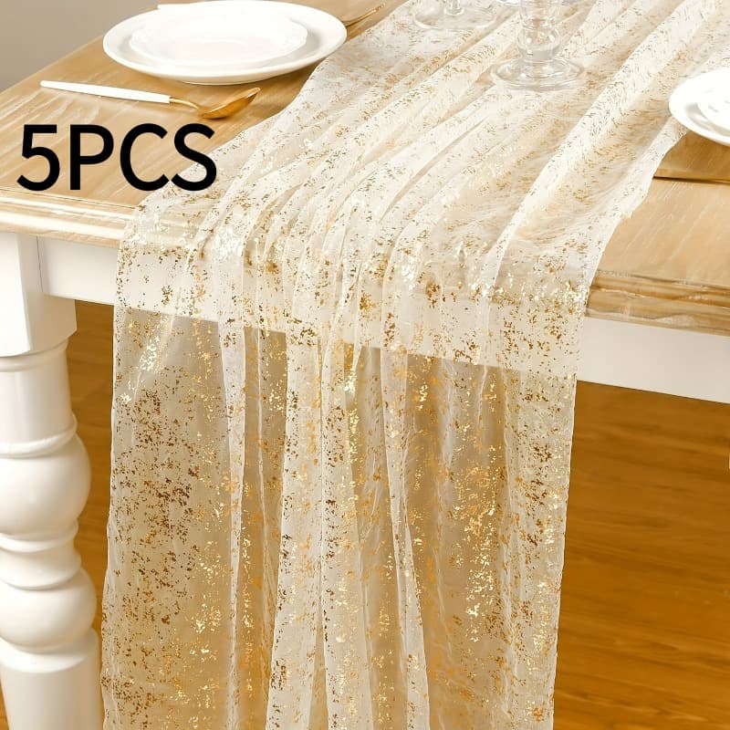 TEMU 5 Pack Golden Transparent Tablecloth Suitable For Wedding, Birthday, Bridal Shower - Glitter Party Table Cover With Sparkling , 29x120inch For Proposal, Decorations, Polyester Table Setting