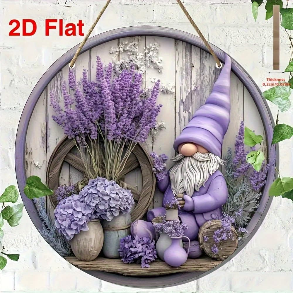TEMU 2d Flat, 2d Flat Plane - A Fun Gnome Featuring A 2d Flat Design, Including 2d Circular Wooden Wall Art Measuring 8x8 Inches. Suitable For - A Rustic Purple Gnome With A Watering Can And