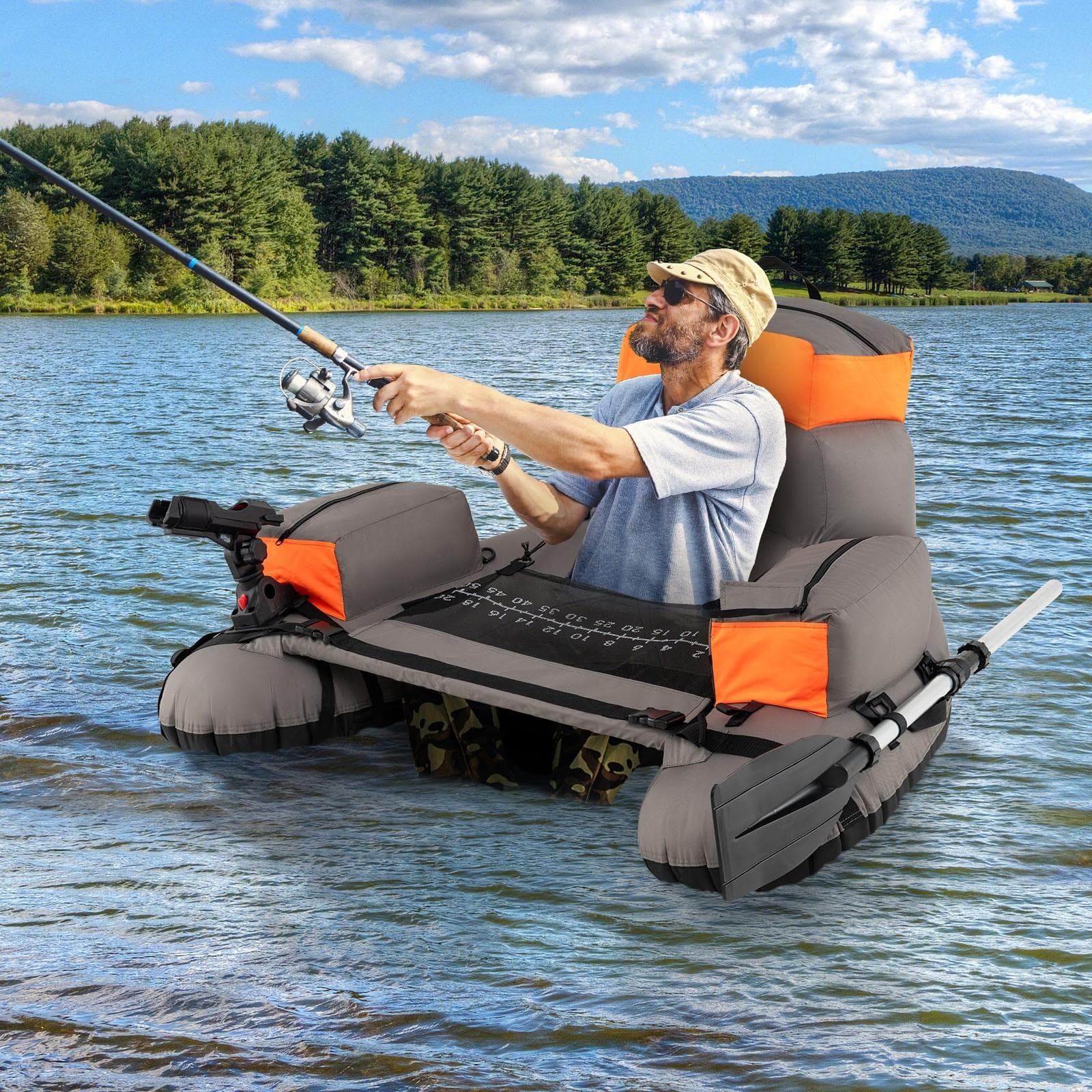 TEMU Multigot Inflatable Fishing Boat, 350 Lbs Fishing Float Tube W/ Fish Ruler & Fishing Rod Holder, Manual Pump, Storage Pocket, Paddle, Portable Belly Boat Backpack Float Tube For Angling, Orange