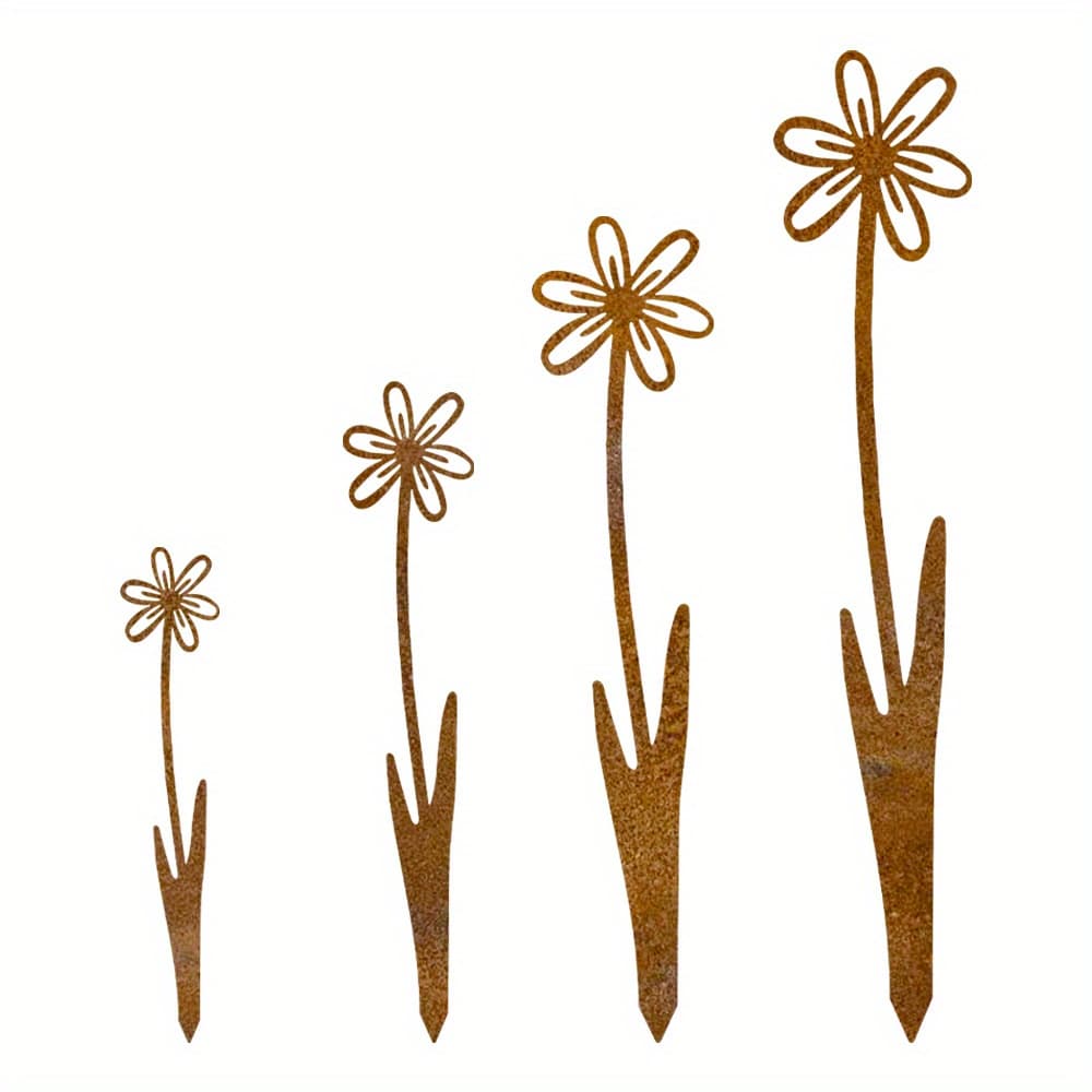TEMU 4 Rusty Metal Flower Stems - Rusty Garden Art, Decorative Lawn Ornaments, Outdoor Metal Plant Decor, Suitable For Patio, Lawn And Garden, Patio Decoration