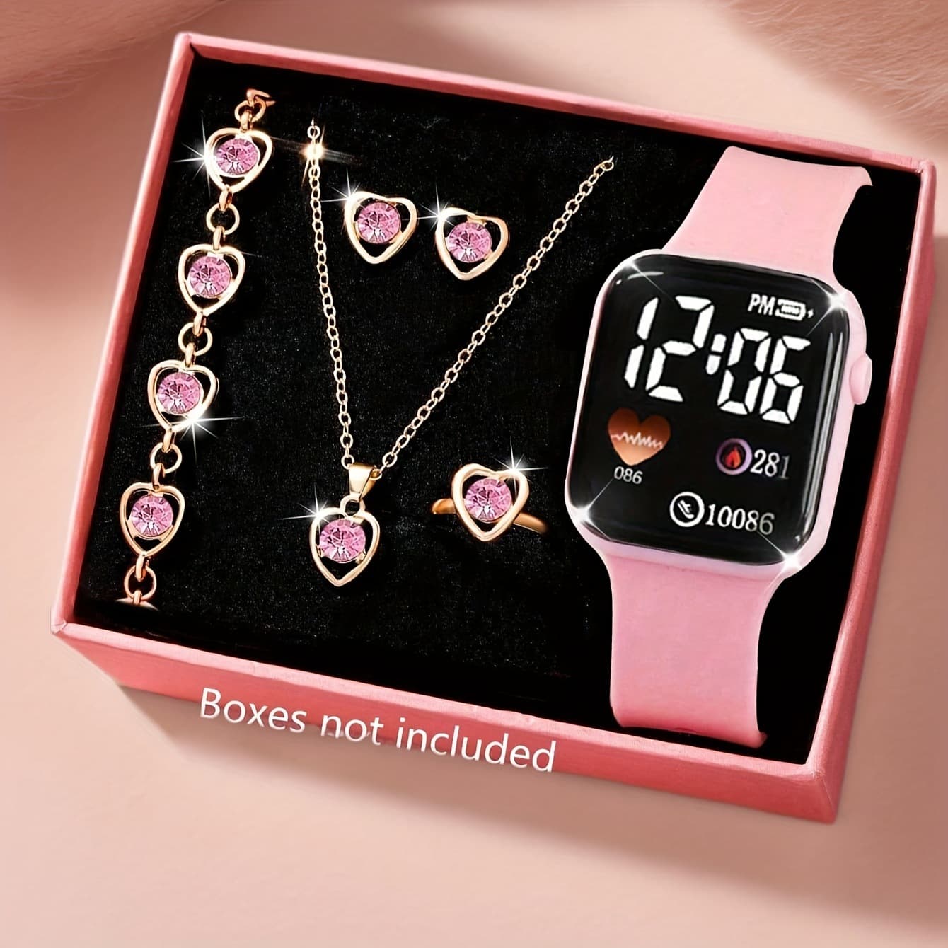 TEMU Korean-style Simple And Compact Heart-shaped Dial Square Watch Necklace, Earrings, And Ring Set