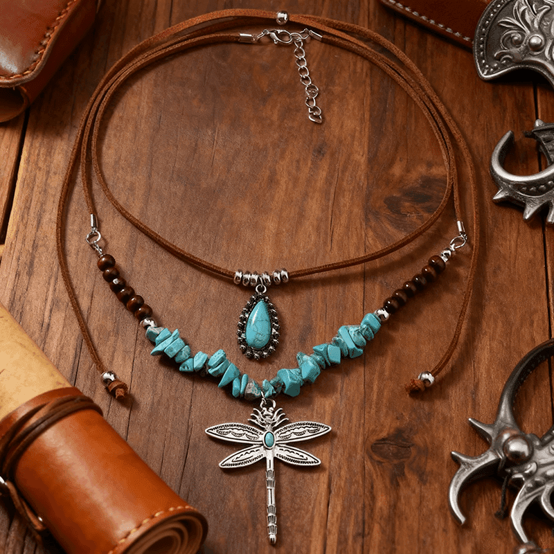 TEMU 2pcs Retro Western Pendant Irregular Synthetic Lapis Bead Stackable Necklace Bohemian Drop Stone Brown Faux Leather Rope Necklace, Women's Fashion Pendant Necklace, Faux Leather Material
