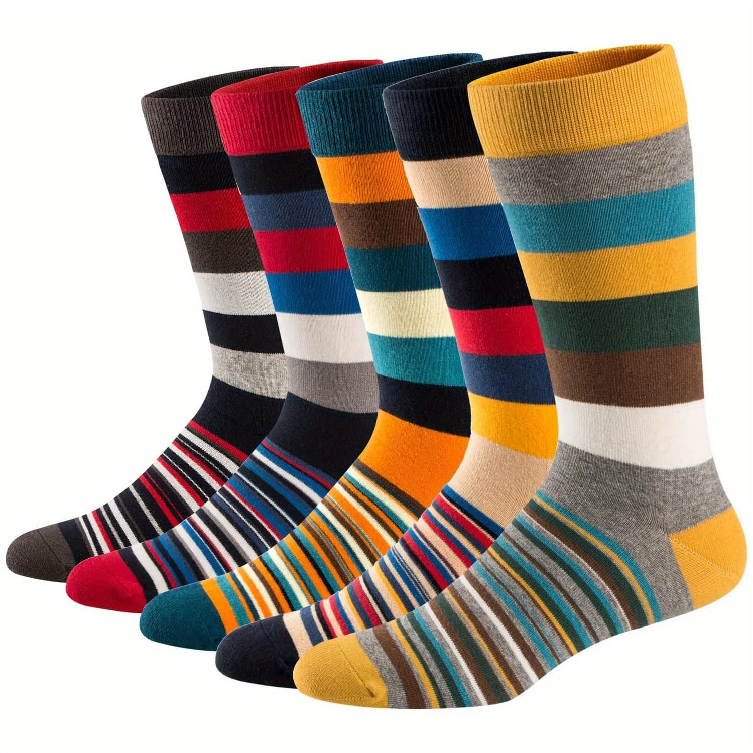 TEMU 5 Pairs Men's Striped Socks - Mixed Color Stripes, Breathable & Comfortable, Fashionable Design For Casual & Formal Wear, Hand Wash/, Versatile Sock Styles | Comfortable Sock Material