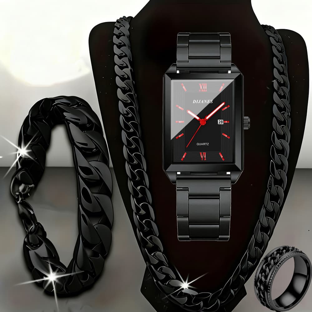 TEMU 4pcs/set Luxury Men's Watch And Men's Jewelry Set - Men's Necklace, Bracelet, Ring, Men's Quartz Watch Casual Business Watch For Men