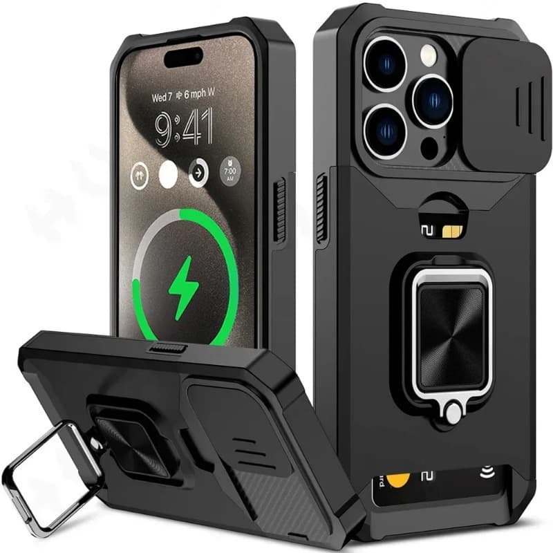 TEMU Phone Case - Case For Iphone 16, 15, 14, 13, 12, 11 Pro Max, Xs, Xr, Plus, And Mini Models With Sliding Camera Card Slot And Ring Stand