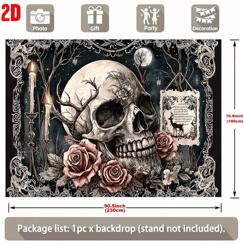 TEMU 2d Flat, 2d Flat Banner, 1pc Gothic Theme Party Decoration, Large With Antlers Roses Candles Night And Deer Illustration Photo Props, For Wedding Celebrations Banner, Birthday Party Events