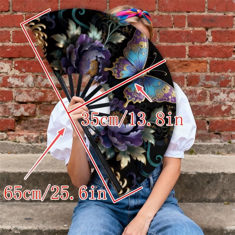 TEMU 1pc Men's Handheld Fan With Ornate Blue-purple & Peony Design - Portable Cooling Fan For Hot Weather, Manual Operation (no /) - Stylish Heat Accessory For Outdoor, Parties, Daily Use - Elegant
