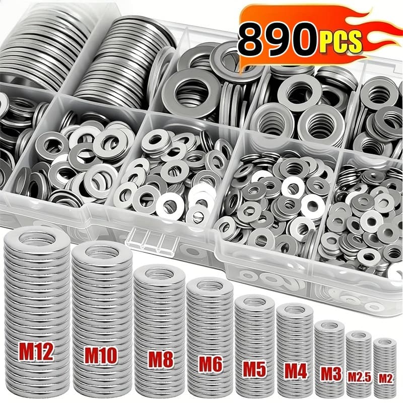 TEMU 890pcs 304 Stainless Steel Flat Washers Assortment Kit, Fender Washers Assortment Set, Stainless Steel Washers, Lock Metal Washers (m2 M2.5 M3 M4 M5 M6 M8 M10 M12)