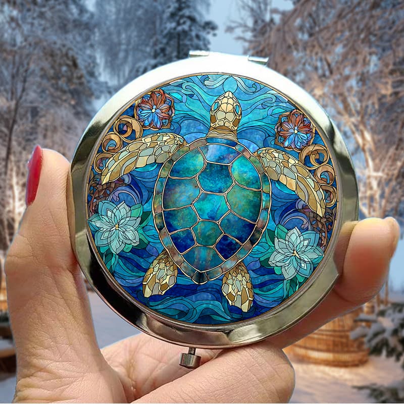 TEMU 2d Flat Portable Makeup Mirror Christmas Featuring A Vibrant Turtle Design With Floral Accents Perfect For Holiday Gifting Or Elegant Vanity Decor, 2d Flat