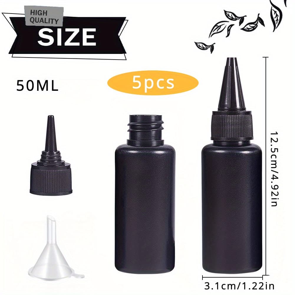 TEMU 5pcs 50ml Black Squeeze Bottles, Soft Squeeze Dropper Bottles With Mini Funnel, Pe Dispensing Bottles, Plastic Leak Proof Refillable Container For Pigments Inks And Liquid Lotion