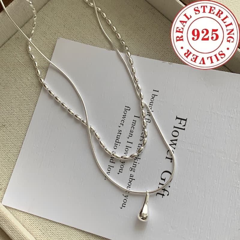 TEMU Exquisite S925 Silvery Double-layer Easy Droplet Shaped Pendant Necklace, Suitable For Women' Wear, Birthday Gifts, Valentine's Day Gifts