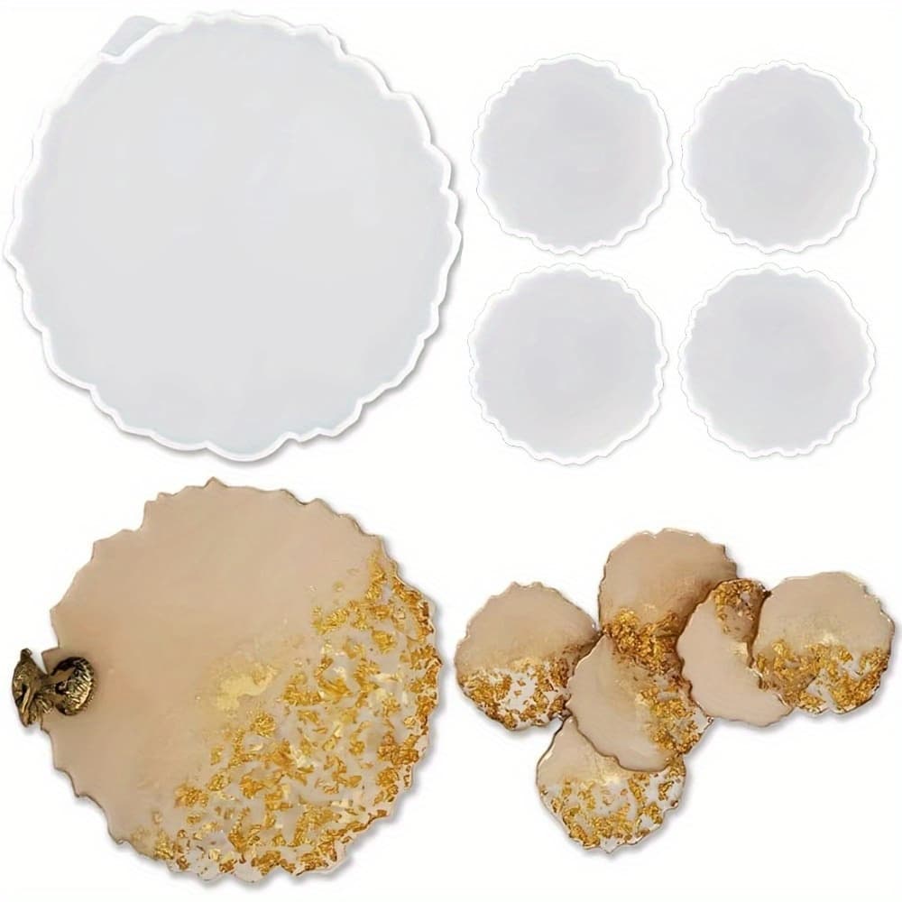 TEMU 5pcs Silicone Resin Molds, 1pc Large Tray Mold For Resin + 4pcs Geode Agate Coaster Molds, Round Tray And Coaster Epoxy Molds Set