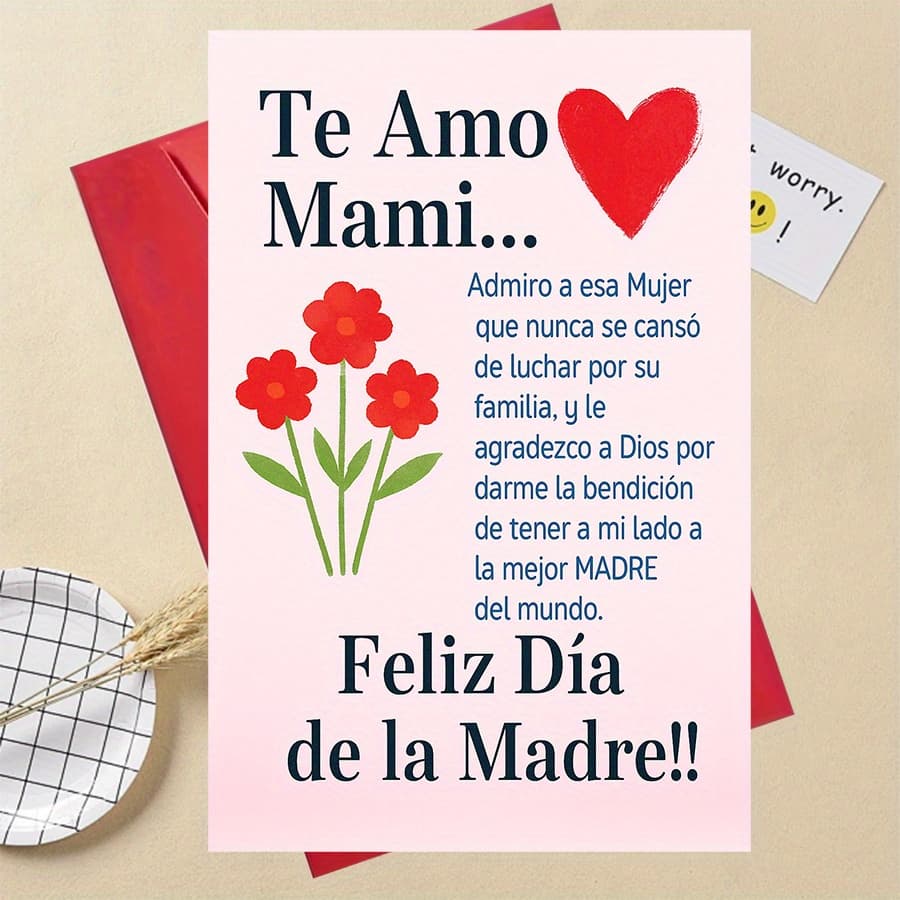 TEMU 1pc Funny Spanish Card With English Translation - " Mamí" Message For Mom, Wife, Grandma - Cute Red Flowers & Hearts Design, Spanish-language Poem - Perfect Gift From Daughter Or Son (paper Card)