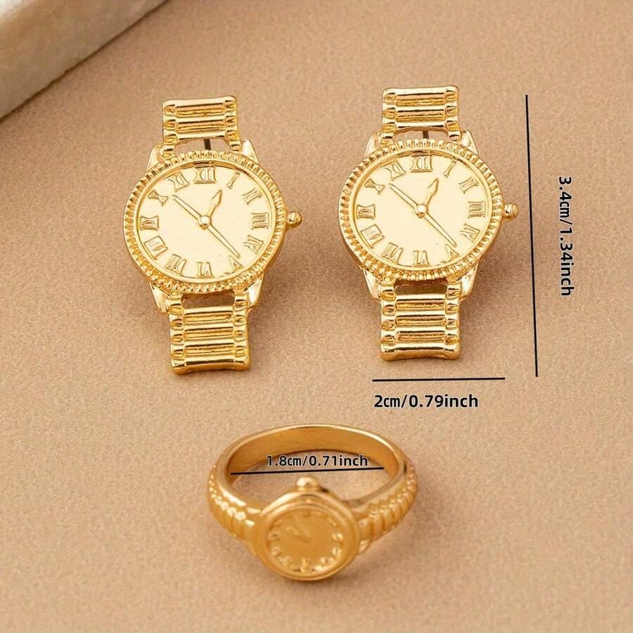 TEMU 1 Set Fashion Creative New Women's Metal Watch, Earrings, And Ring Fashion Accessories Set, Multifunctional Design Suitable For Street , Unique Jewelry Accessories For Your