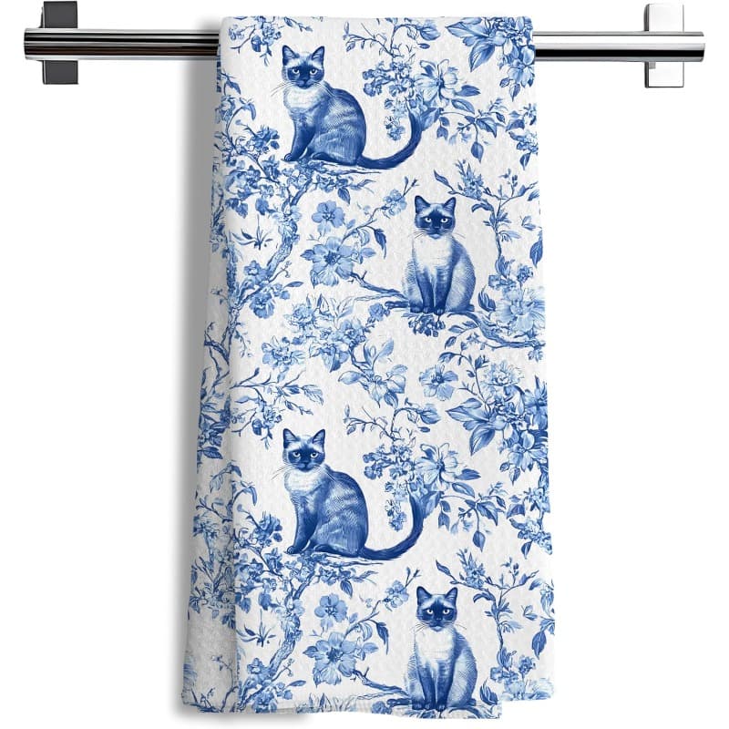 TEMU 1/2/4/6 Chinese Flower Siamese Kitchen Towel, Blue And White For Cat Decoration Kitchen Utensils, Tea Towel For Cat Enthusiasts, Bathroom Gift For Men And Women, Siamese For Cat Gift
