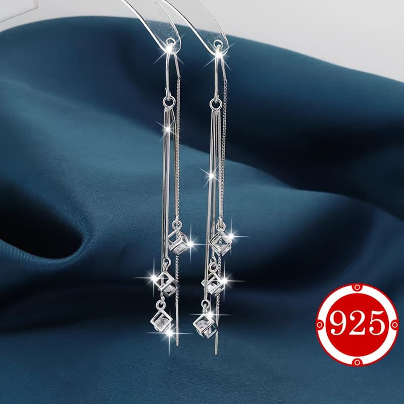 TEMU Elegant 925 Sterling Silver Cubic Tassel Design Pendant Earrings - Free, Suitable For And Special Occasions, For Her