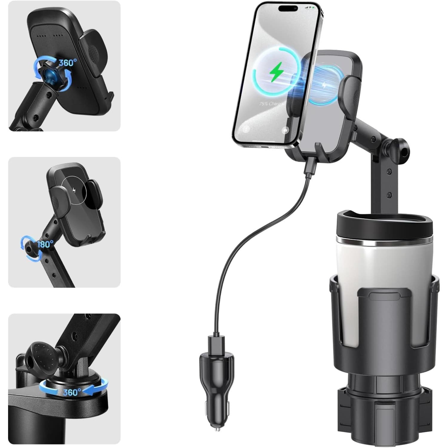 TEMU This Hill 3-in-1 Car Wireless Charger Cup Holder, Upgrade 15w Charging, Car Cup Holder Phone Mount With & 360° Rotation Compatible For All Smartphones(with Car Adapter)